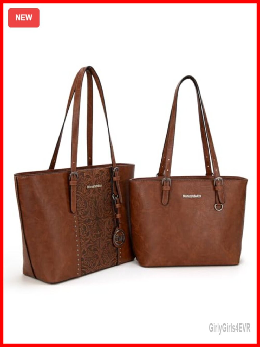 Vegan Leather Tote Bag Set Embossed Trapezoid Purse 2Pcs with Silver Hardware